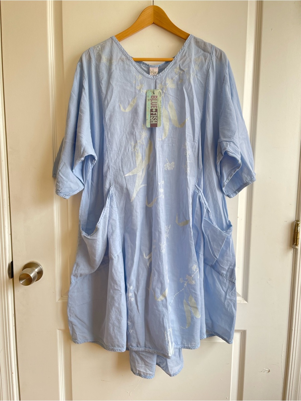 Blue Fish Hand Printed 100% Cotton Dress With Pockets 2X Tie Back Cotton Breezy